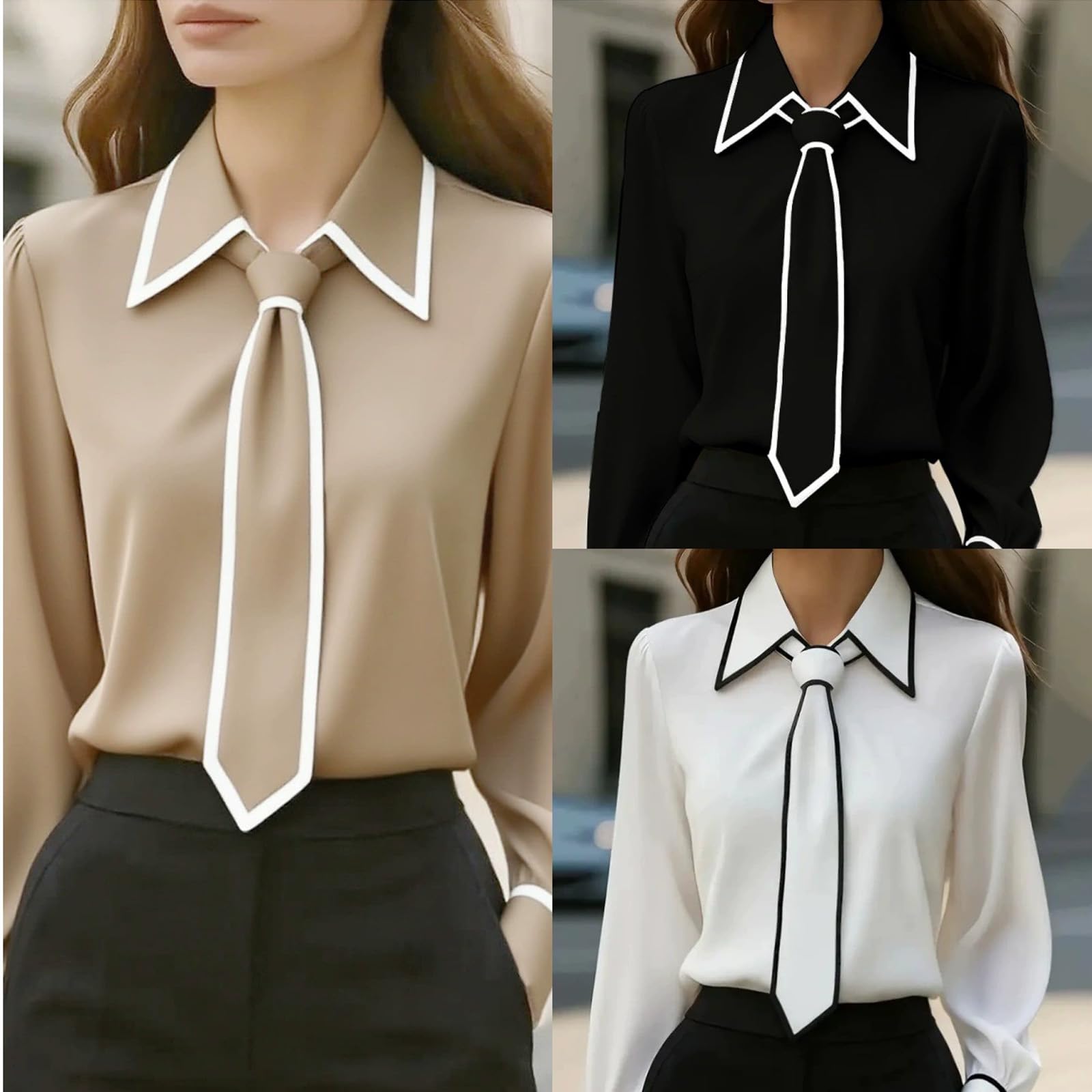Camisa de manga larga con botones para mujer, elegante, delgada, para negocios, trabajo, blusa de satén con lazo en el cuello, elegante, informal, para la oficina