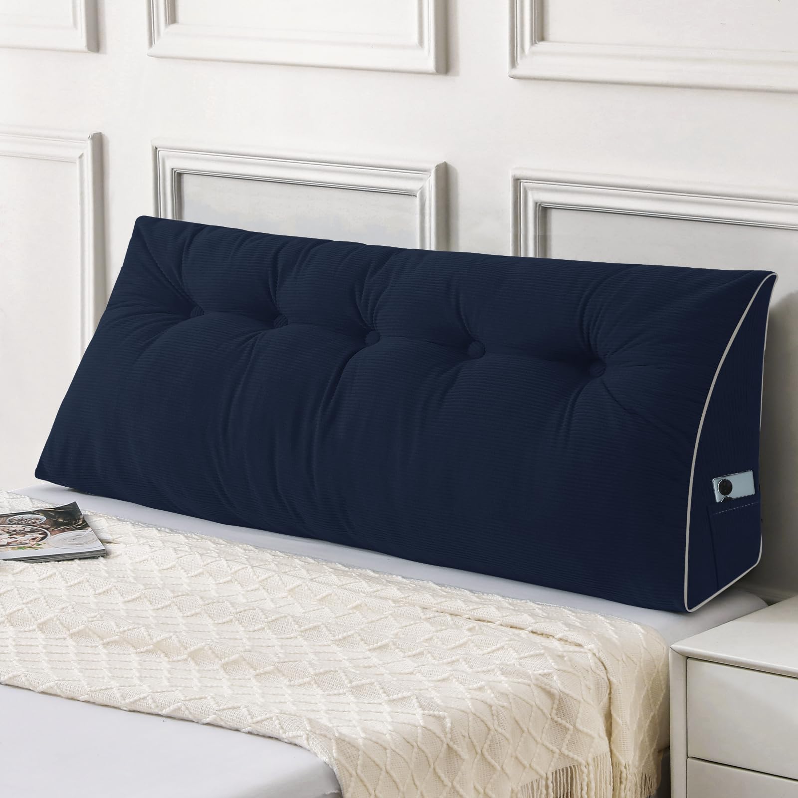 Sasttie Headboard Pillow Queen, Wedge Pillow Headboard for Sitting Up in Bed, Back-Rest Support Triangular Cushion for Reading - Features Removable Washable Cover, Navy
