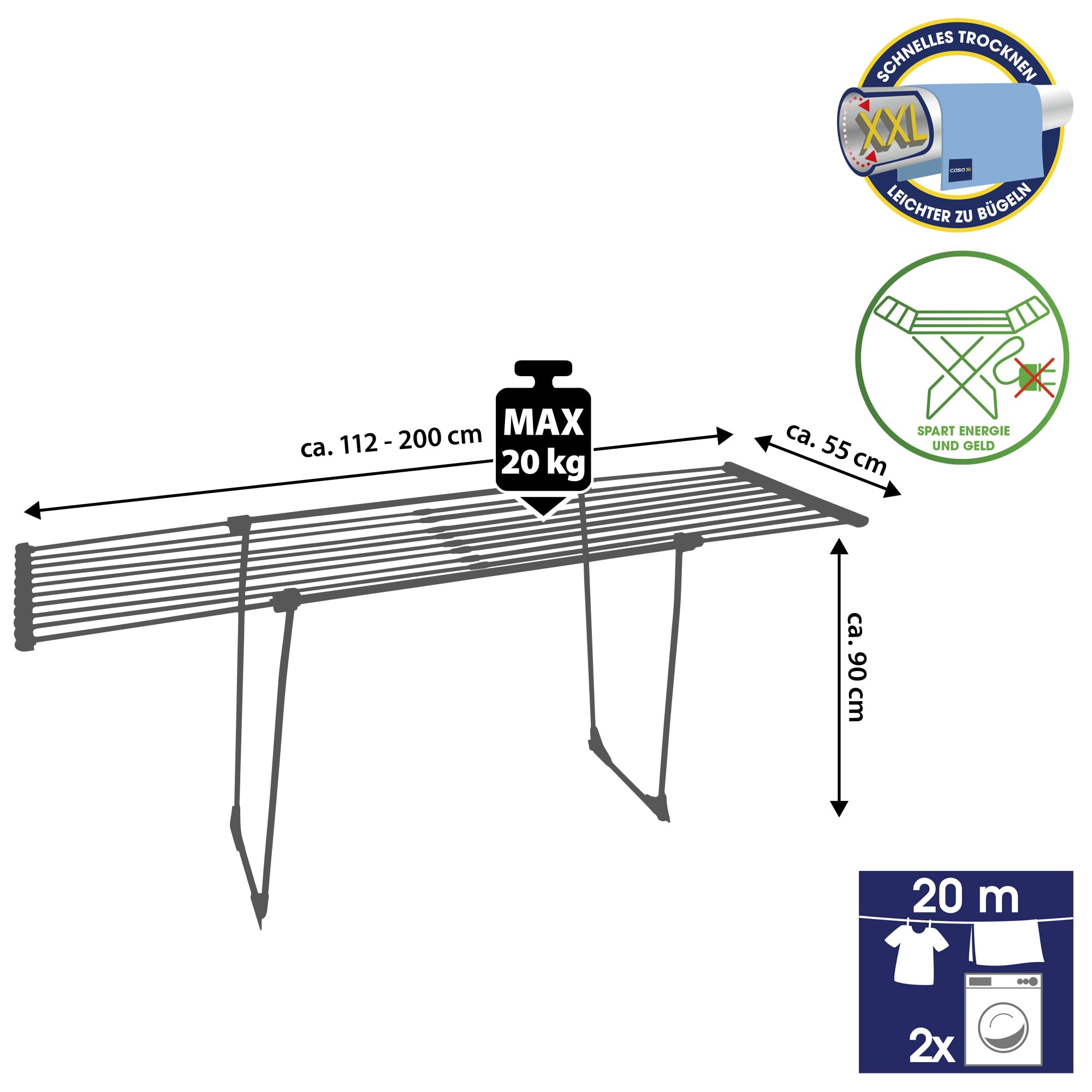 CASASI Casaflex Stendibiancheria Estensibile Acciaio Bianco 186-257 x 57 x 100 cm