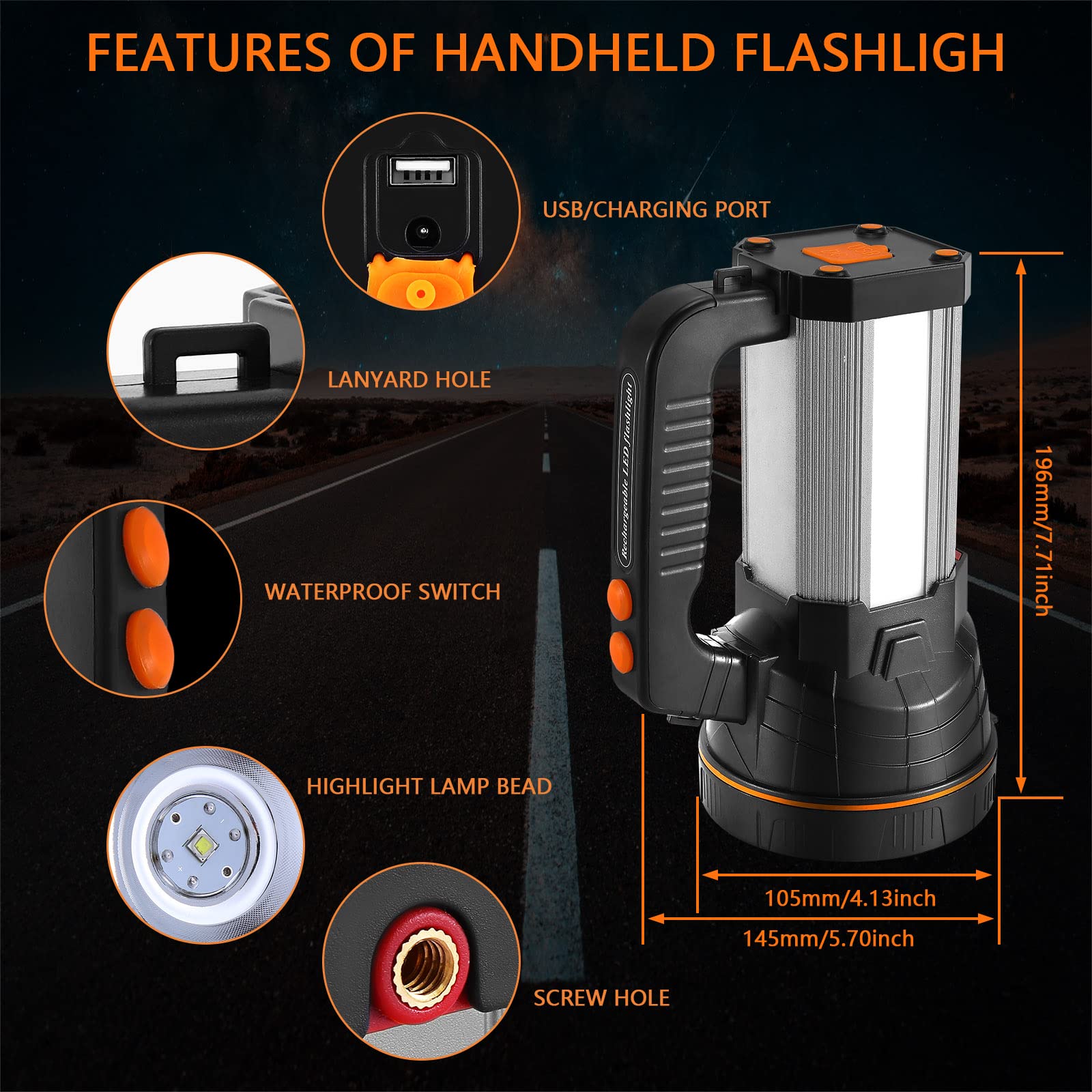 AF-WAN Super Bright LED ricaricabile Troch potente torcia portatile 7000 Lumen 9000 mAh riflettore impermeabile 6 modalità di luce, portatile LED Searchlight LED torcia con Power Bank (argento)