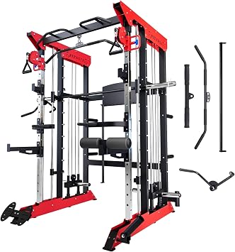 3600LBS Power Cage Smith Machine with Cable Crossover, Light Commercial Multi-Functional Power Rack for Home Gym, LAT Pull-Down & Squat Rack System, Space-Efficient Design