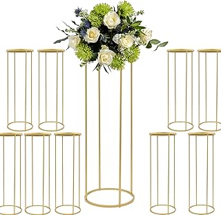 10 Pcs Gold Wedding Flower Stand, Metal Column Flower Stand, Tall Gold Vase Geometric Centerpieces Vase for Wedding Reception Table Decor Party Hotel Home Decor Flower Rack, 39.4in