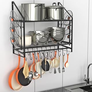 VyGrow 2-Tier 28 Inch Wall Mounted Pot Rack with 20 Hooks & 6 Lid Holders - Heavy Duty Steel Organizer for Pots, Pans & Utensils