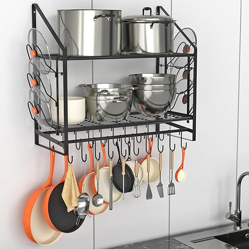VyGrow 28 Inch Pot Rack Wall Mounted, 2 Tier Pots and Pans Organizer with 20 Hooks and 6 Pot Lid Holders, Heavy Duty Steel Pot and Pan Hanger for Kitchen Cookware Utensils Storage 34.7" Lx13 Wx26.4 H - 28"W 2 Tier Black