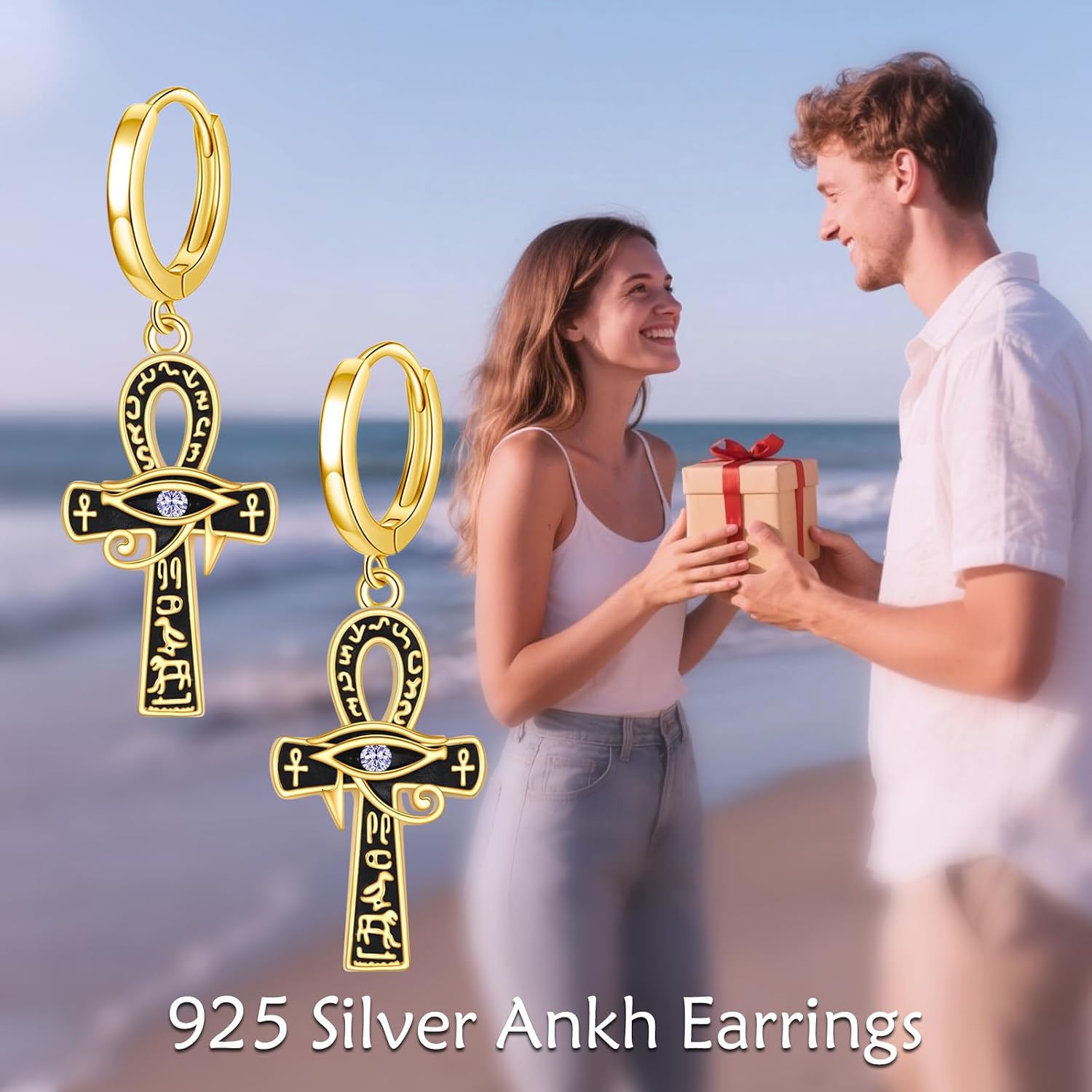 Ankh Dangle Earrings 925 Sterling Silver 18K Gold Plated Eye of Horus Drop Earrings Egyptian Ankh Cross Leverback Birthstone Jewelry Gift for Men