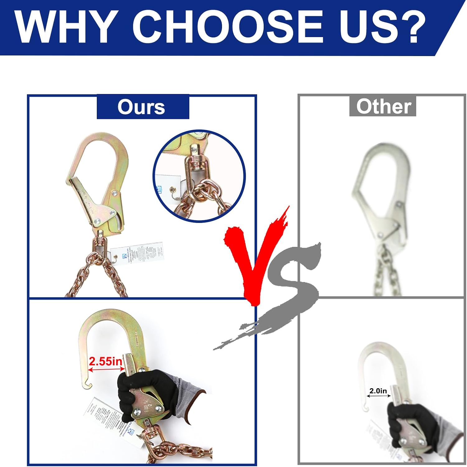 Rebar Positioning Chain Assembly with Swivel Double Self-Locking Snap Hooks