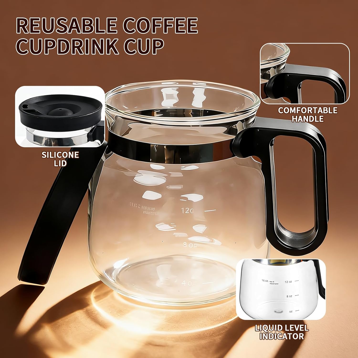 16 Oz Glass Coffee Pot Mug, Mini Coffee Pot Cup, Novelty Heatproof Large Capacity Clear Cup with Handle & Spill Proof Lid, Comes Straw & Coasters, Ideal Gift for Coffee Lovers - Image 5