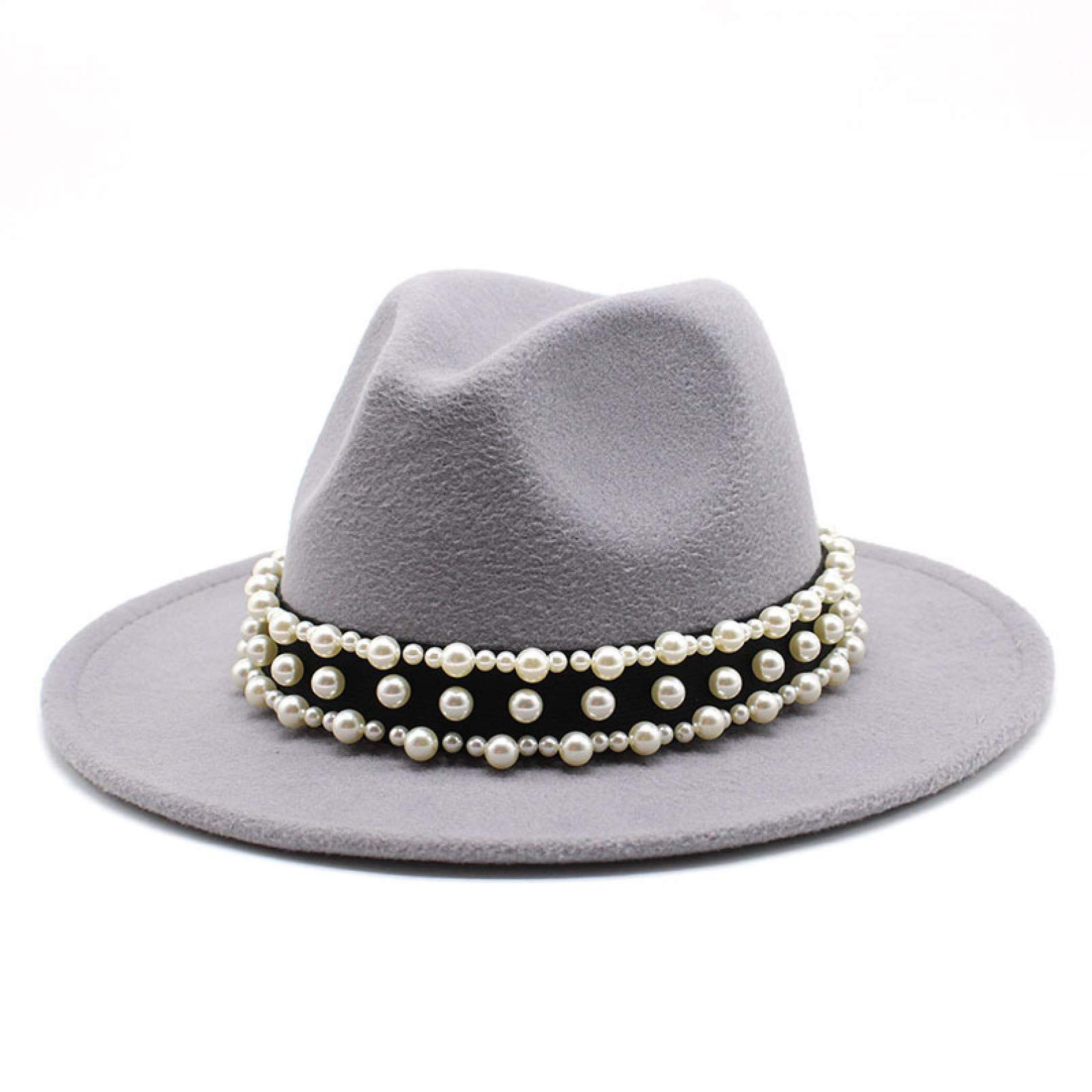 BAJIE Fedora Damen Herren Wollmütze mit Perlenband Gentleman Elegante Damen Winter Herbst Breite Krempe Kirche Strohhut Jazz Hut 60Cm