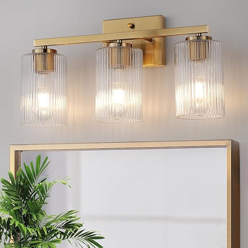 Lámpara de tocador de baño dorada cepillada de 3 luces, iluminación moderna con pantalla de vidrio texturizado, accesorios de iluminación de baño de