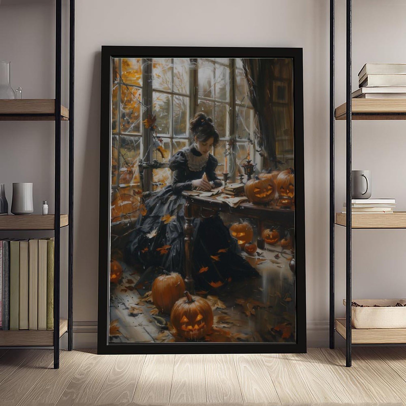 Poster sur toile représentant une femme avec une lanterne citrouille - Décoration pour chambre à coucher, bureau, chambre - Cadeau - 40,6 x 61 cm (L x l)
