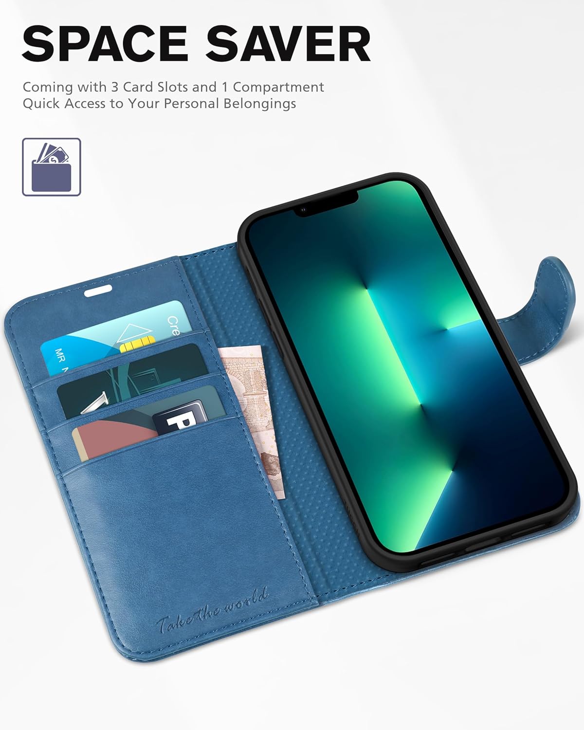 TUCCH Wallet Case for iPhone 13 Pro 5G, [TPU Shockproof Inner Shell], PU Leather [RFID Blocking] Card Holder Magnetic Stand Protective Cover Compatible with iPhone 13 Pro 6.1-inch 2021, Lake Blue