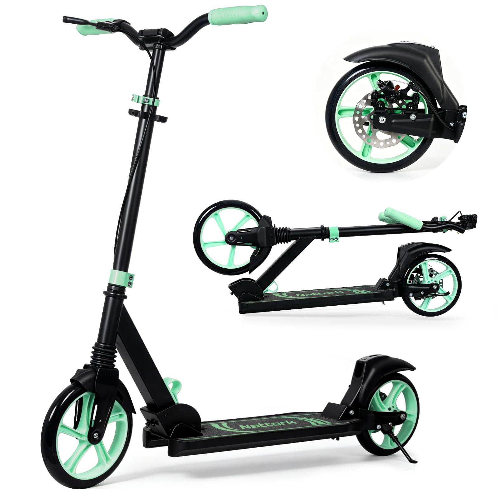 Nattork Adult Teens Kick Scooter – 240LBS Capacity,Dual Brakes & Front Shock Absorber,230mm Wheels,Adjustable Handlebar, for Men Women Outdoor Green