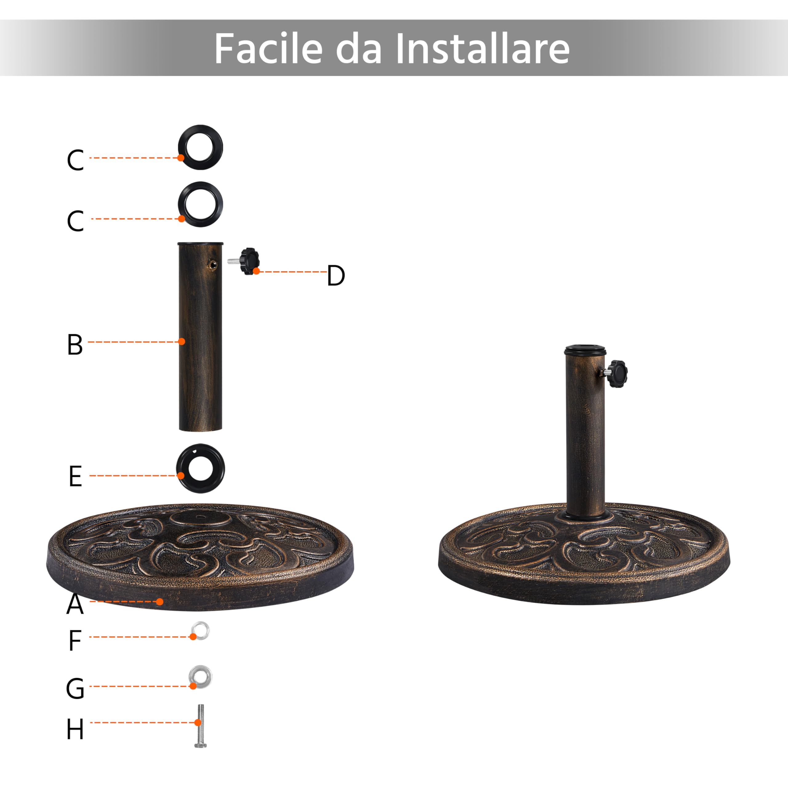 Yaheetech Base per Ombrellone da Giardino in Resina e Metallo Supporto 10 kg per Pali da Ø38mm e Ø48mm con Effetto in Ghisa Esterno Veranda Terrazza Piscina Spiaggia Patio Bronzo