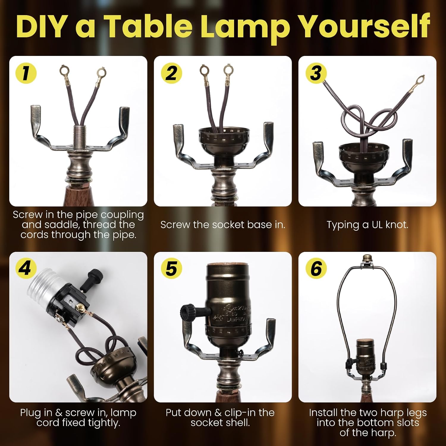 Lamp Rewire Kit with Harp,Lamp Repair Kit with E26 3 Way Socket,2P | Lamp Rewiring Kit, Make a Lamp Kit for Table Lamps, DIY Lamp Kits to Repair Old Table Lamps, Antique Brass
