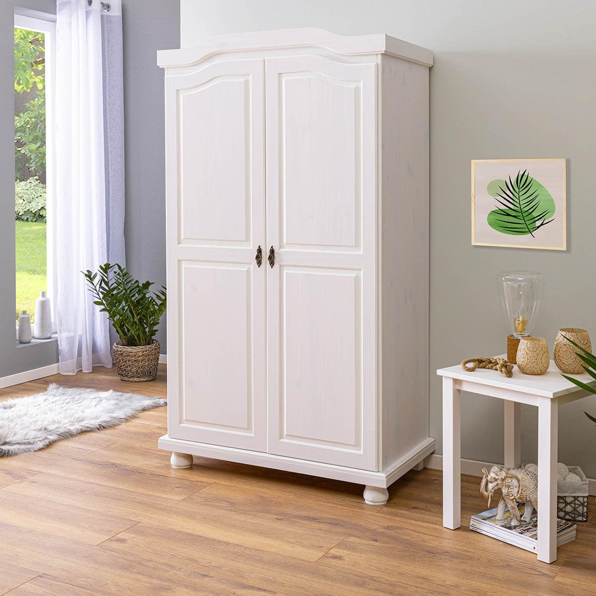 AltoBuy Sydney - Armoire 2 Portes + Penderie Bois Massif Vernis Blanc