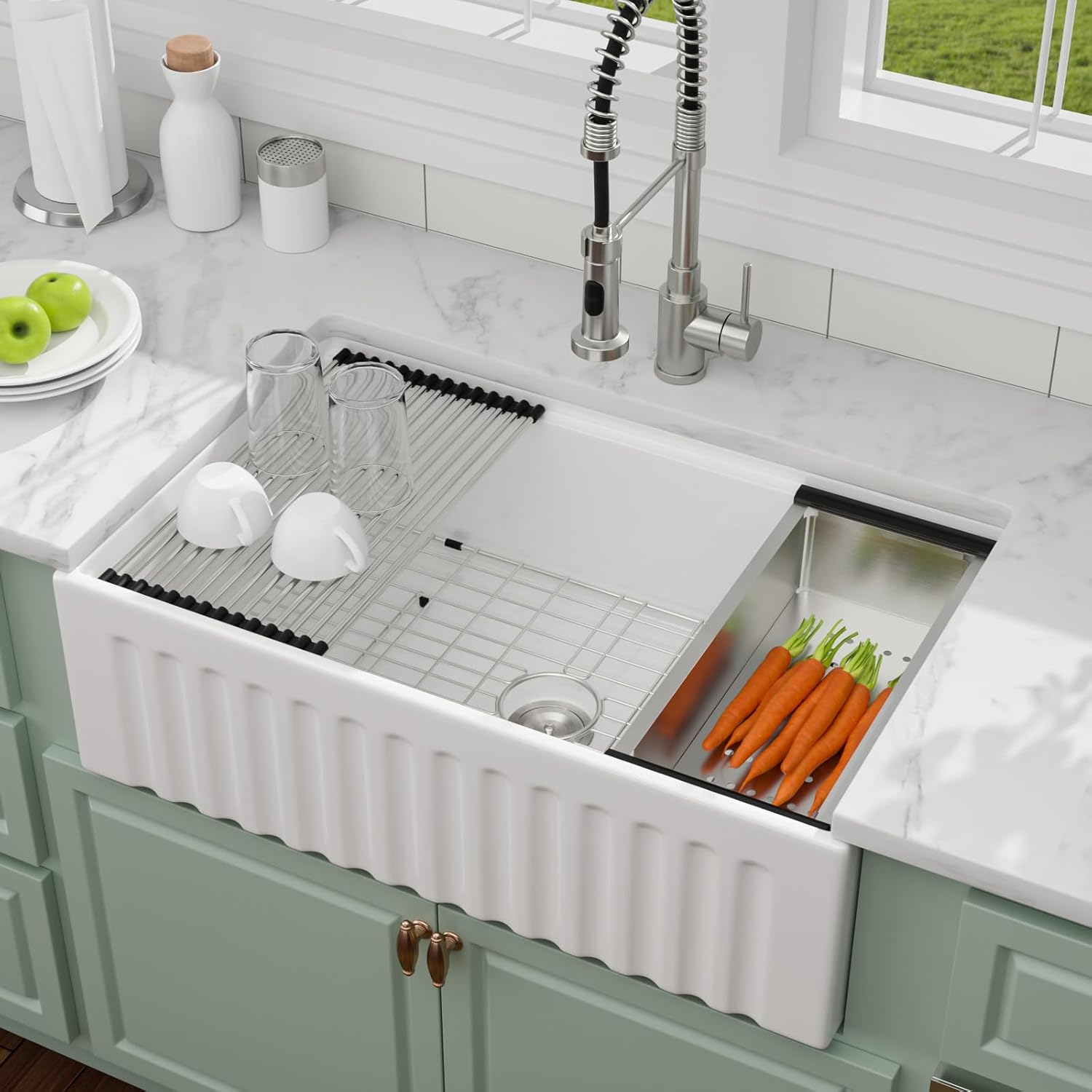 33 Inch Reversible Farmhouse Sink – Fireclay Kitchen Sink White Apron Front Ceramic Porcelain Single Bowl Workstation Kitchen Sink, 33"x20"x10" #YSAC0002