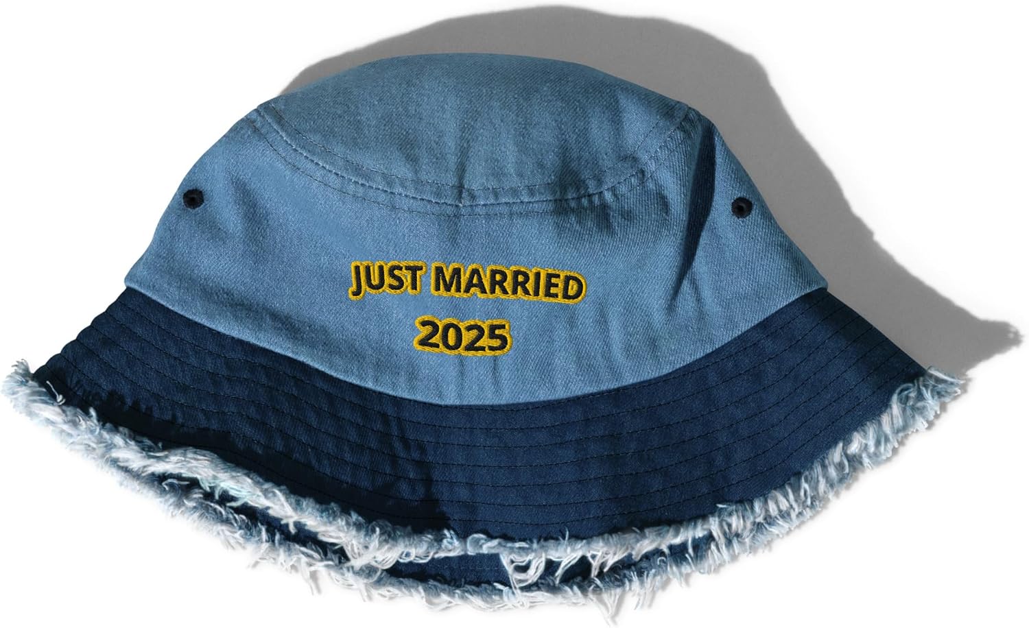 Just Married 2025 Distressed Denim Bucket Hat – Funny Wedding Gift for Newlyweds – Honeymoon Sun Hat