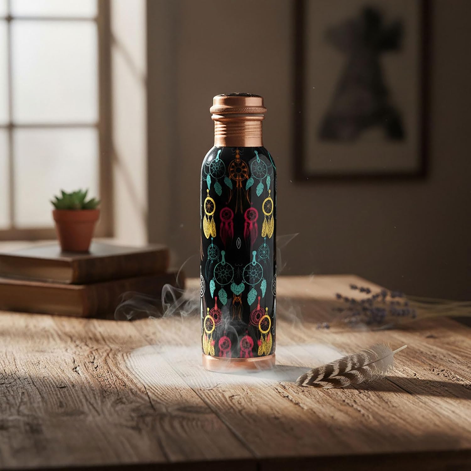 Pure Printed Copper Water Bottle - Leak Proof Ayurvedic Drinkware Copper Vessel for Sports, Gym, Outdoors, Yoga, Health Benefits