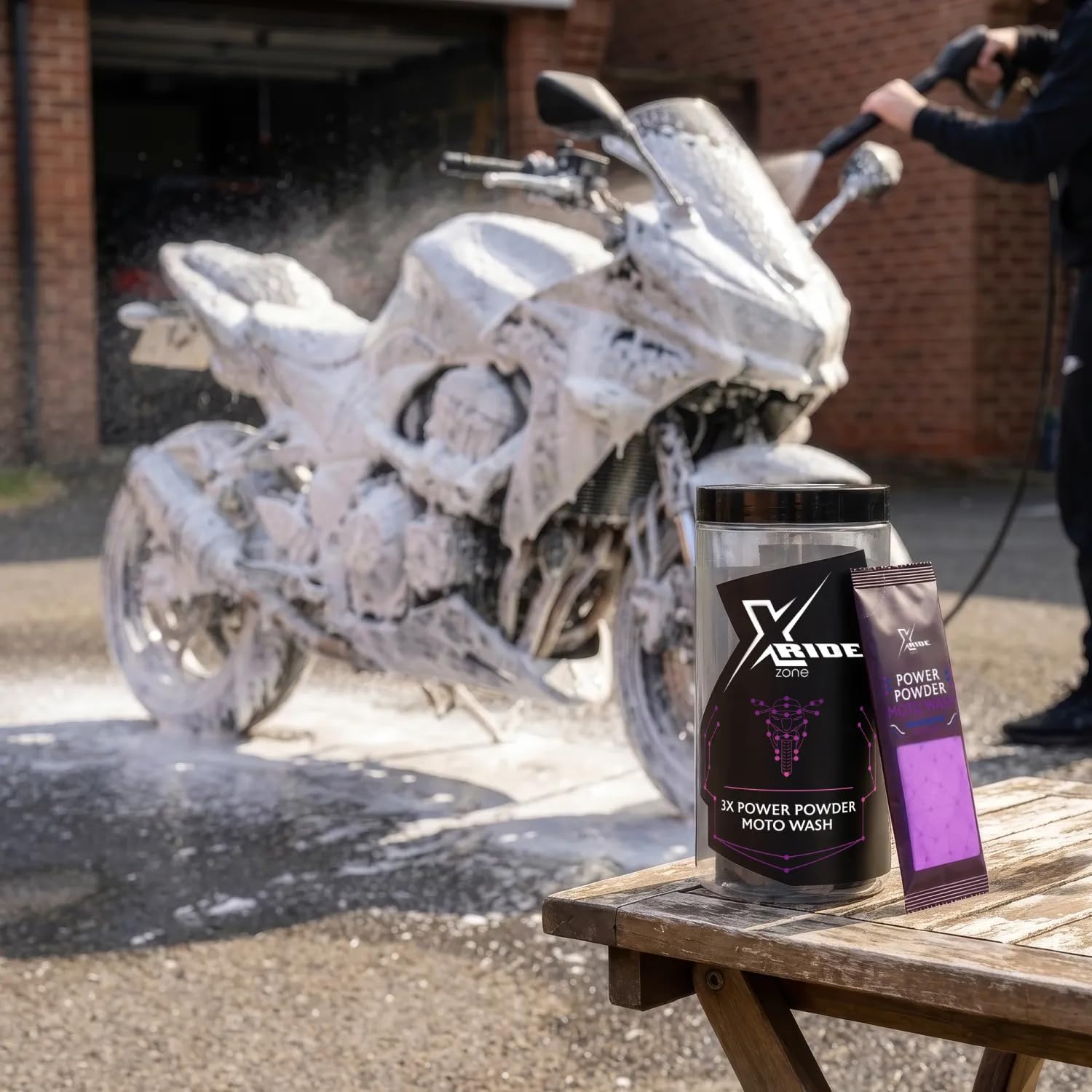 Xzone Zestaw do szczegółów motocyklowych, ceramicznych detali 500 ml, 3 x Power Powder Moto Wash, rękawica z mikrofibry, włókno do szczegółów - zestaw dla motocyklistów