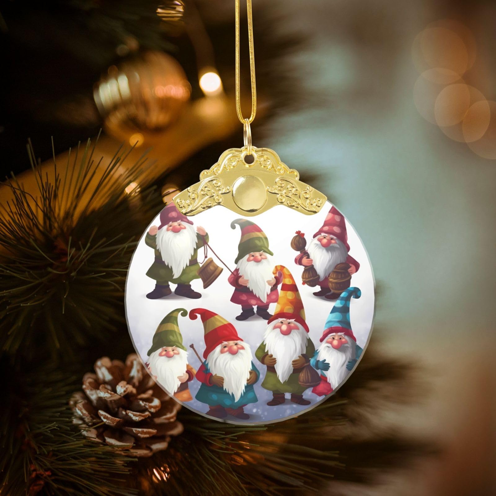 Crystal Christmas Ornaments for Christmas Tree Decoration Hanging Xmas Funny Gnomes Ornament with Gold Ribbon Crafts Round Pendant for Keepsake Gifts Glass Xmas Decor Party Supplies