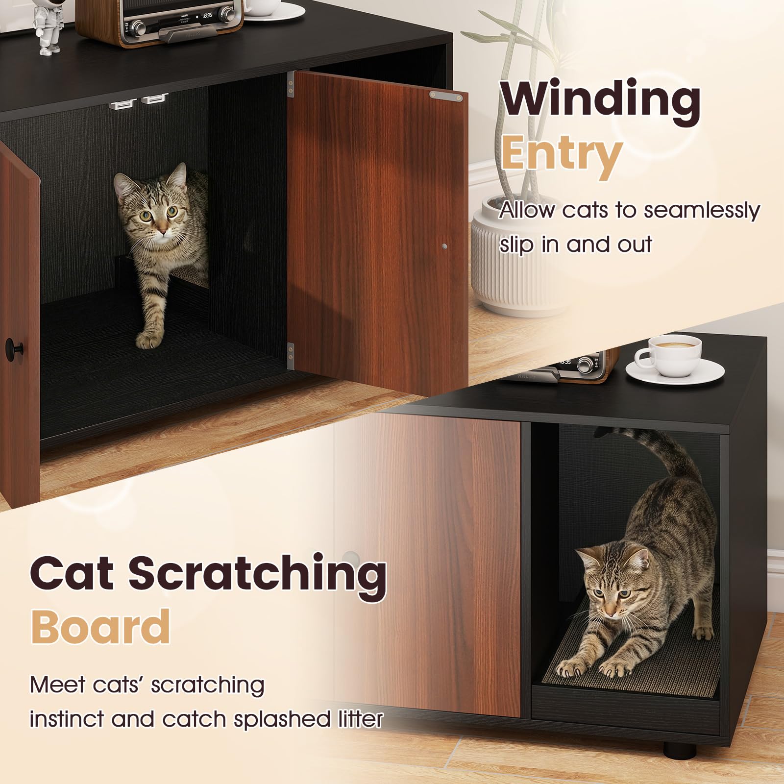 Tangkula Cat Litter Box Enclosure, Hidden Litter Box Furniture with Scratching Board, Double Doors, Modern Indoor Cat House End Table, Wooden Cat Washroom Cabinet (Black+Walnut) - image 7