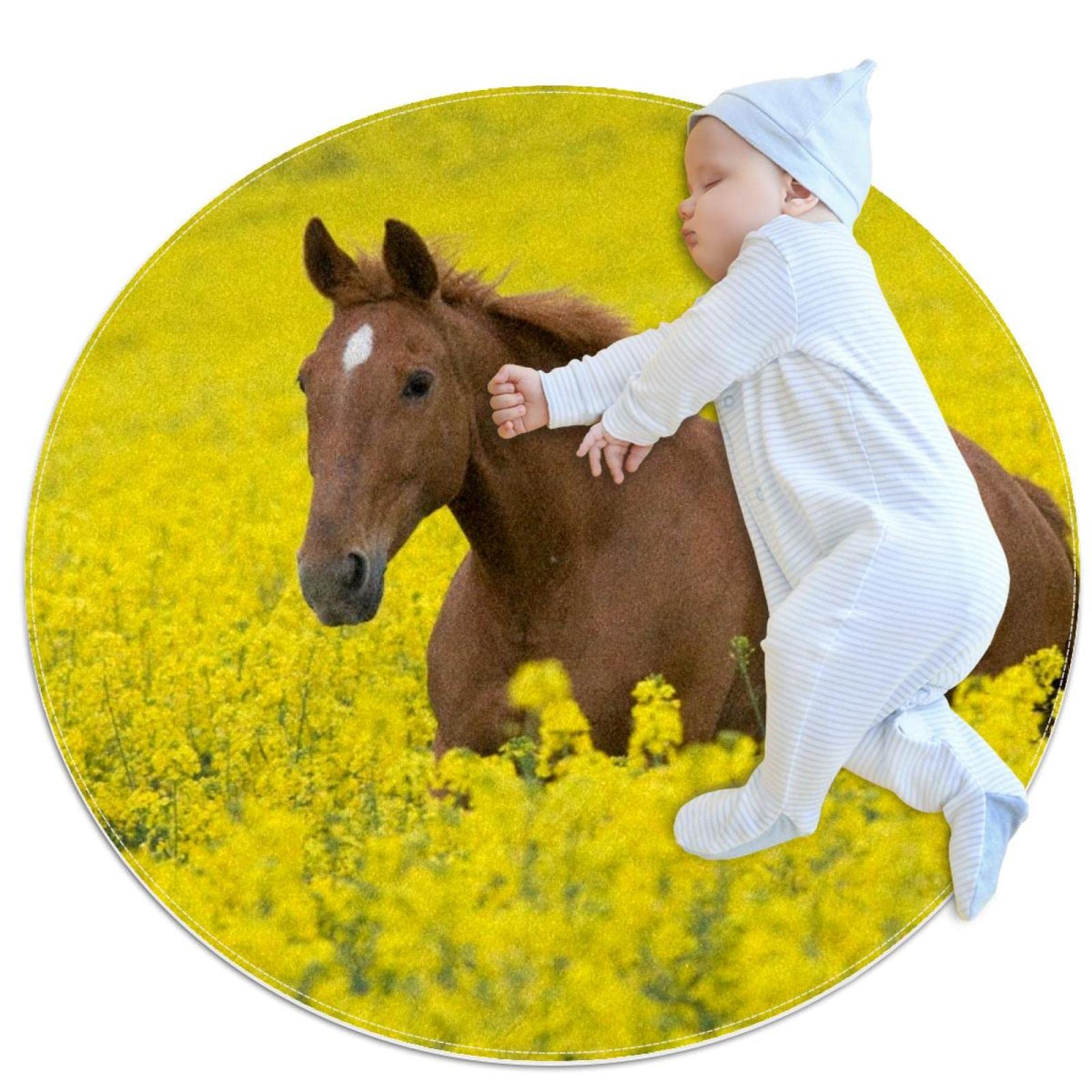 Tapis fleurs cheval des champs JDEZ, le cadeau de naissance rond parfait