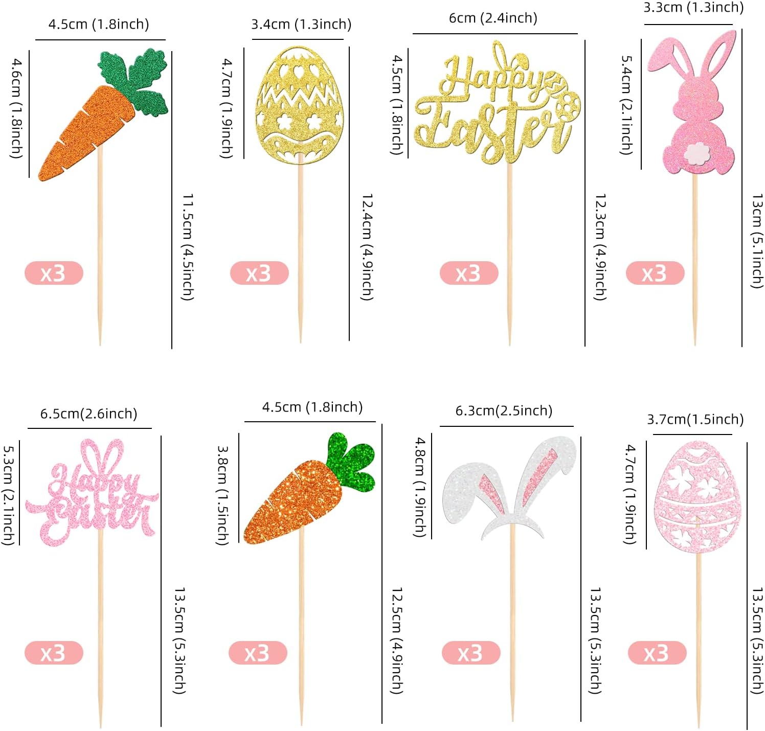 24 Pack Happy Easter Cupcake Toppers, Glitter Easter Egg Cake Decorations, Bunny Ear Cupcake Picks, Carrot, Rabbit Cake Toppers for Easter's Day Theme Spring Birthday Baby Shower Party Supplies