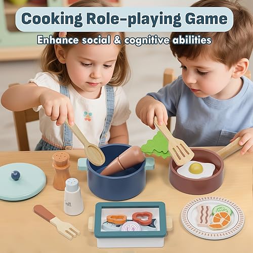 Miniatura 2 de Lehoo Castle Accesorios de cocina de madera, juegos de ollas y sartenes para niños, juegos de comida para niños, juguetes de comida Montessori para