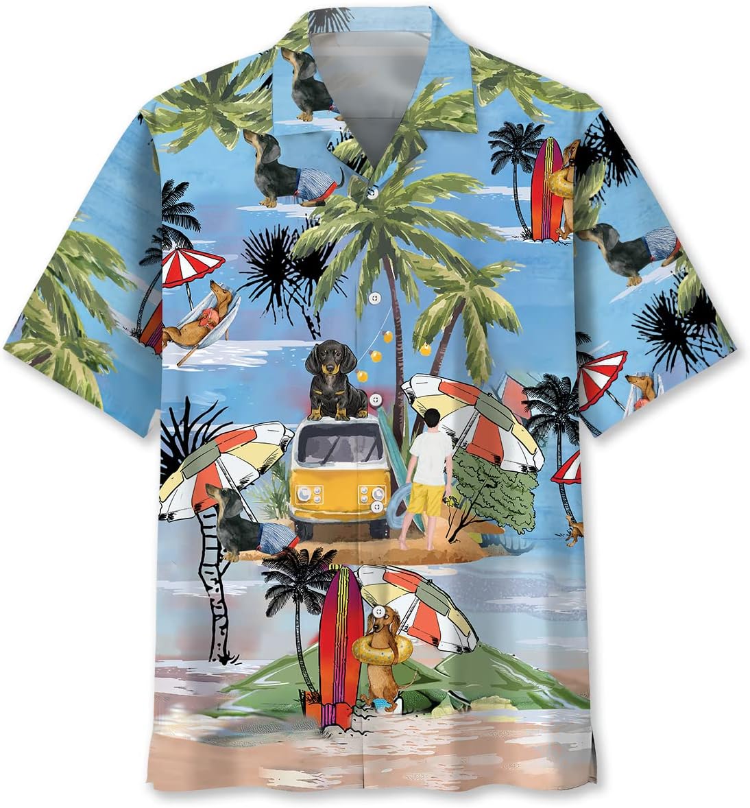 Dachshund Hawaiian Shirts for Men Short Sleeve Aloha Button Down Funny Fathers Day Dog Shirt