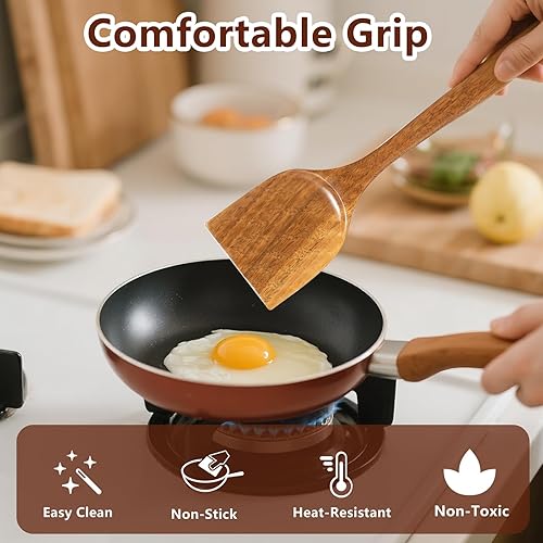 Miniatura 2 de Espátulas de madera, 2 piezas de utensilios de cocina de madera de acacia natural para sartén antiadherente, espátula para voltear y wok, cucharas