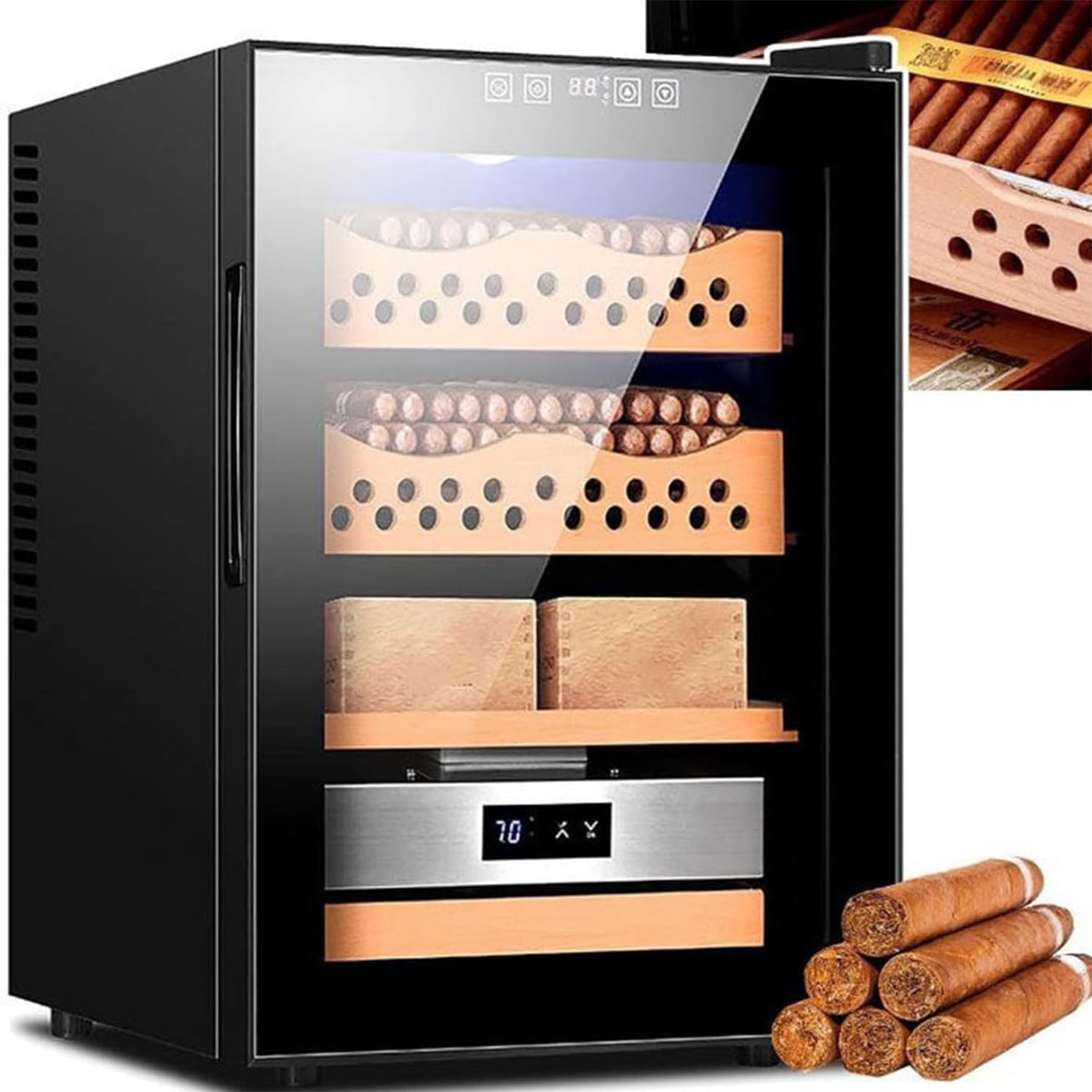 Qiang Cave a Cigare Electrique Humidificateur à Cigare Intelligente Boite à Cigare Humidor a Cigares Cave à Vin 50L Affichage Numérique LED,avec Contrôle De Température Et De L'humidité,A
