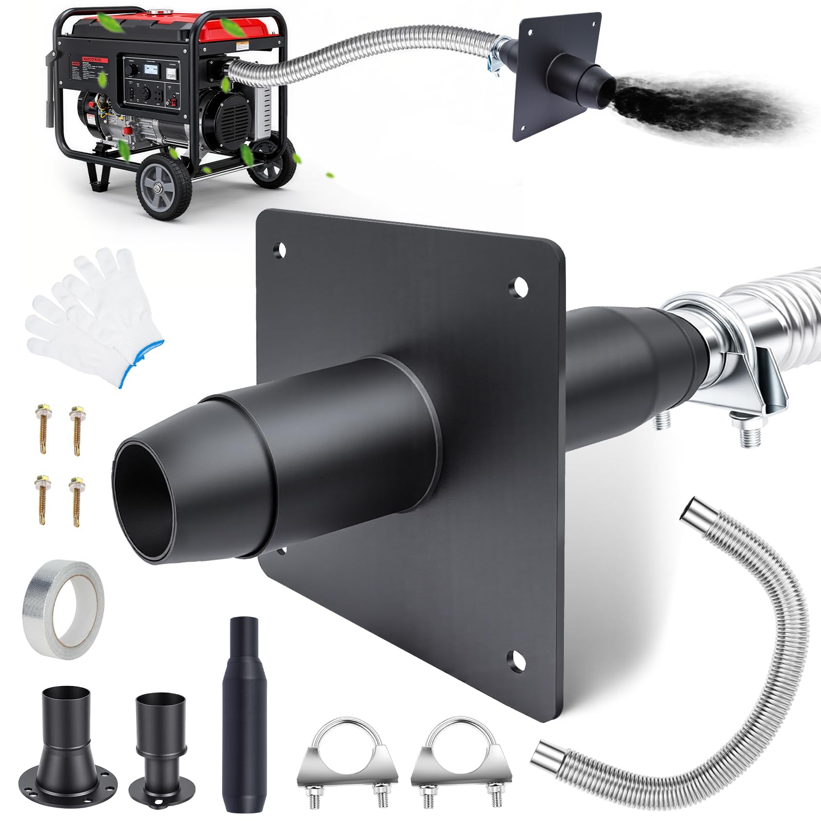 Generator Silencer Kit, Universal Generator Silencing Kit with Two Adapters, Generator Muffler Silencer Set with Wall Mounting Plate, Easy to Install, Black