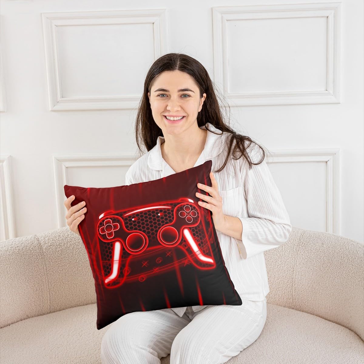 Erosebridal Game Controller Pack of 4 Throw Pillow Cover 16x16 Boys Gaming Cushion Cover Red Neon Gamepad Cushion Case 3D Game Joysticks Honeycomb Decorative Pillowcase