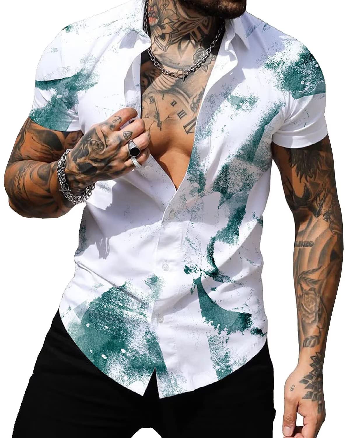 Men's Athletic Dress Shirts Casual Regular Fit Printed Short Sleeve Muscle Button Down Shirts