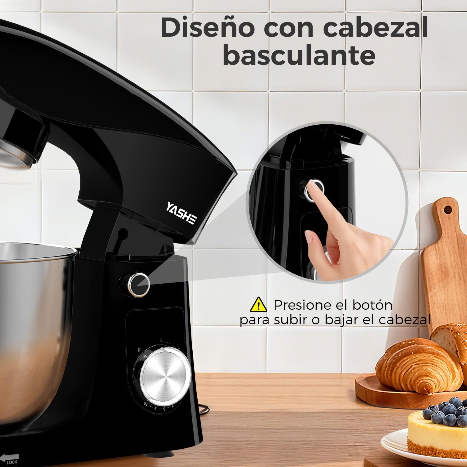 YASHE Batidora Amasadora 1500W, 4,5 + 5L Doble Bol de Acero Inoxidable, 10+P Velocidades, Movimiento Planetario, Cabezal Inclinable, Gancho para Masa, Batidor y Varillas