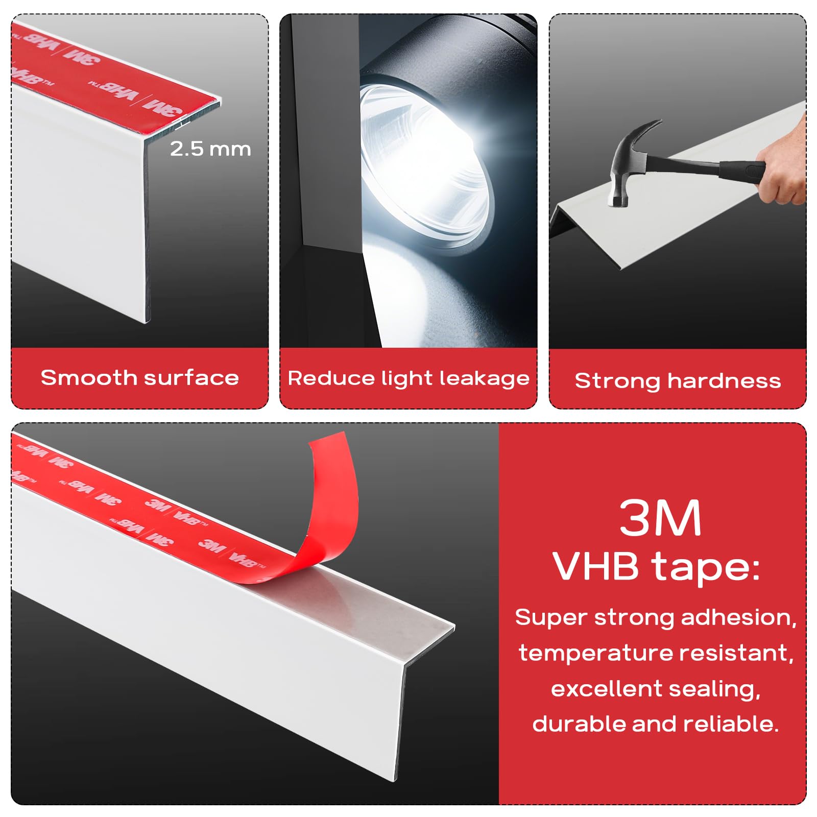 Tira de bloqueo de luz de PVC 100% opaca para persianas y persianas en ambos lados para persianas opacas, fácil de instalar, ideal para dormitorio, guardería (forma de L, blanco, 2 piezas, 58.5