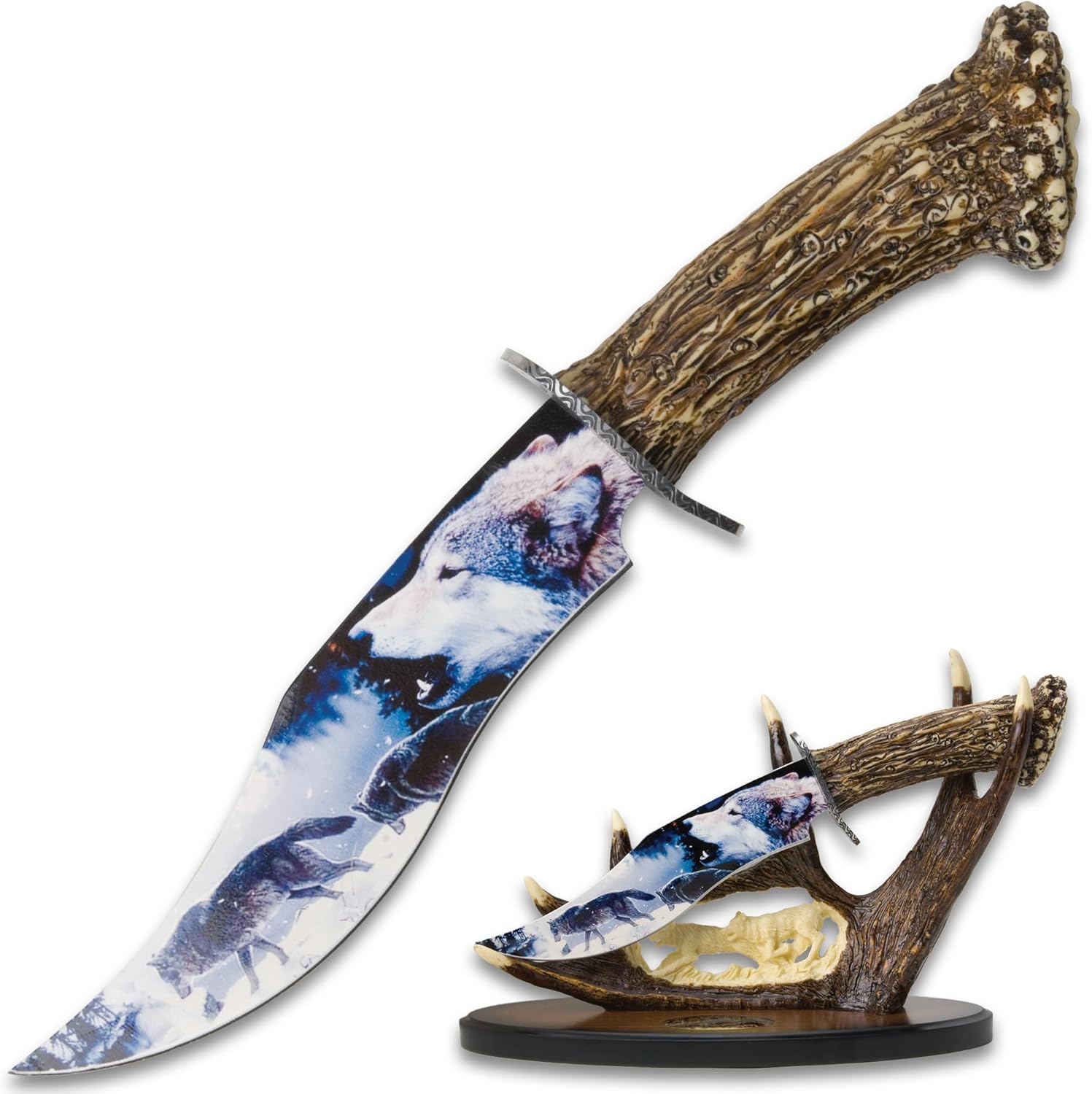 Wild Wolf Pack Fixed Blade Knife | Wolf Artwork on Blade | Carved Antler Display Stand | Intricate Faux Bone Handle | Artistic Home Décor for Wildlife Fans | 12” Overall'