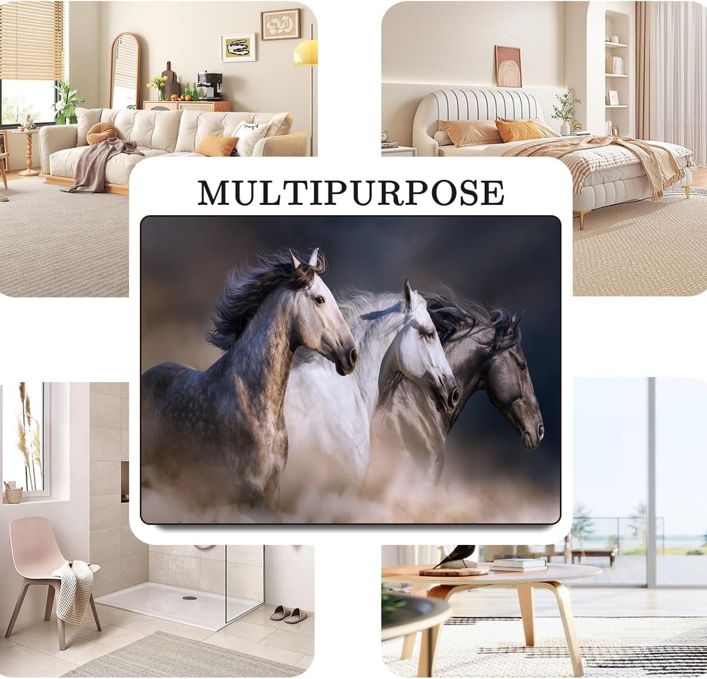 Horse Area Rug Carpet Floor Washable Mats Rugs 5'x6' for Living Room Bedroom Home Decor Horse White Black