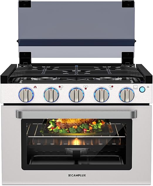 CAMPLUX Classic RV Propane Range 17 Inches, Propane Range Oven with 3 Burners Cooktop for RV, RV Propane Stove Oven Combo 28,100 BTU/Hr, Stainless Steel RGS17MSF