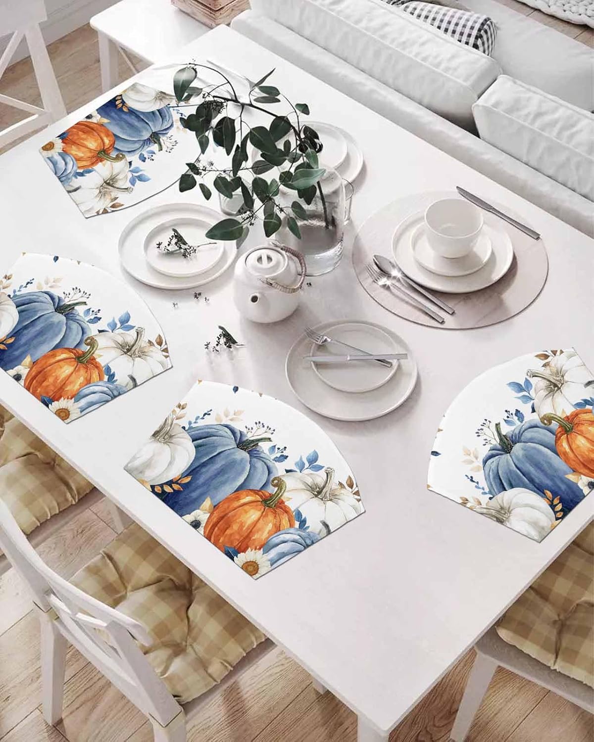 Navy Blue Pumpkins Fall Round Table Placemats Set of 6, Thanksgiving Eucalyptus Leaf Wedge Shaped Place Mat for Dining Table, Orange Grey Pupmkin Heat Insulation Non-Slip Table Mats for Kitchen Decor