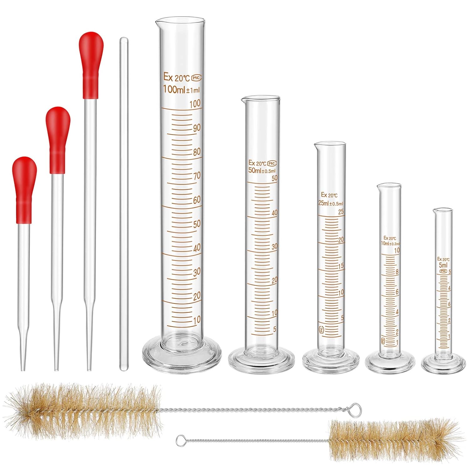 Glass Graduated Measuring Cylinders Set 5ml 10ml 25ml 100ml Thick Lab Cylinders 3 Droppers 2 1 Stirring Rod Cylinders Set