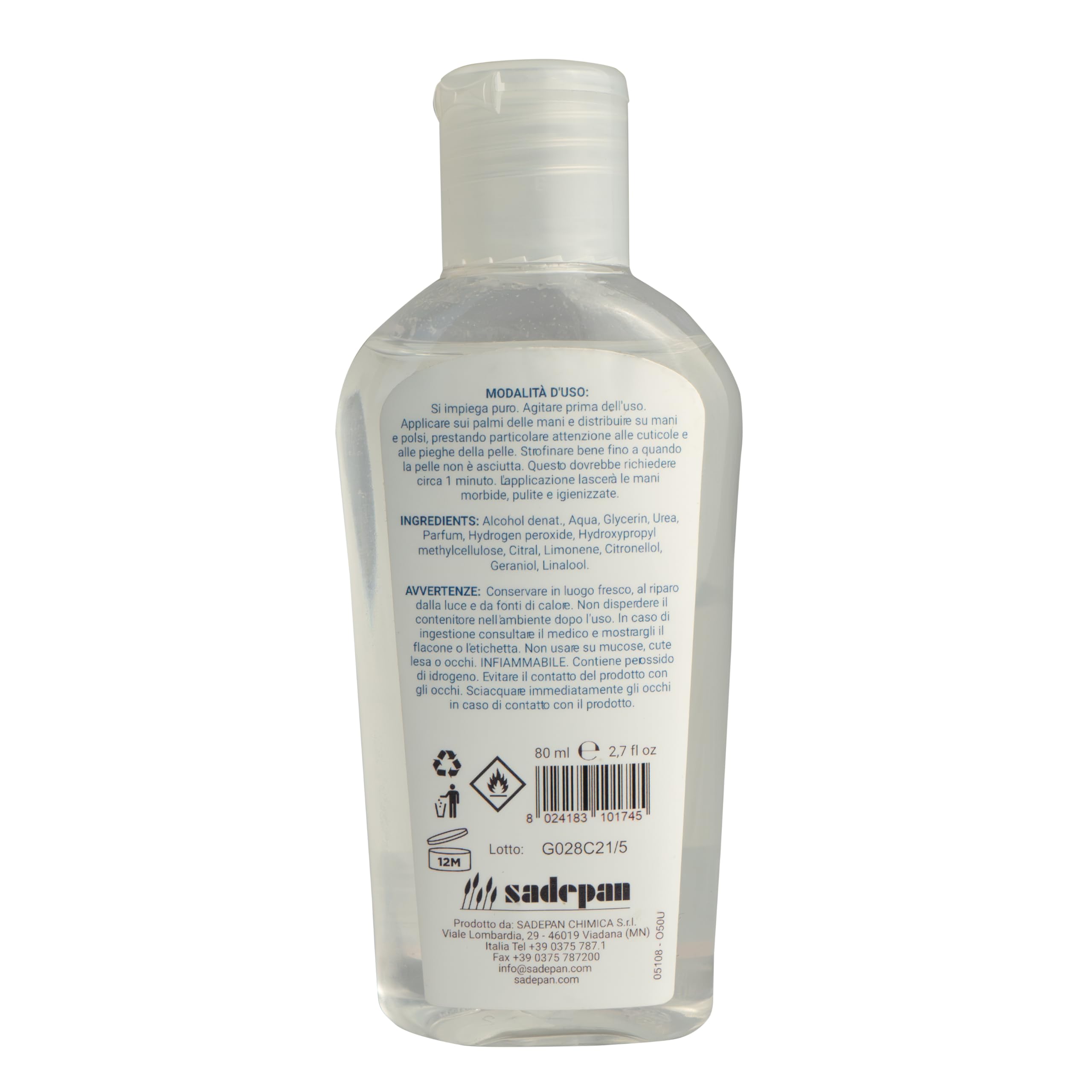 EcoGel detergente igienizzante mani con alcool etilico al 71% Made in Italy 80 ml