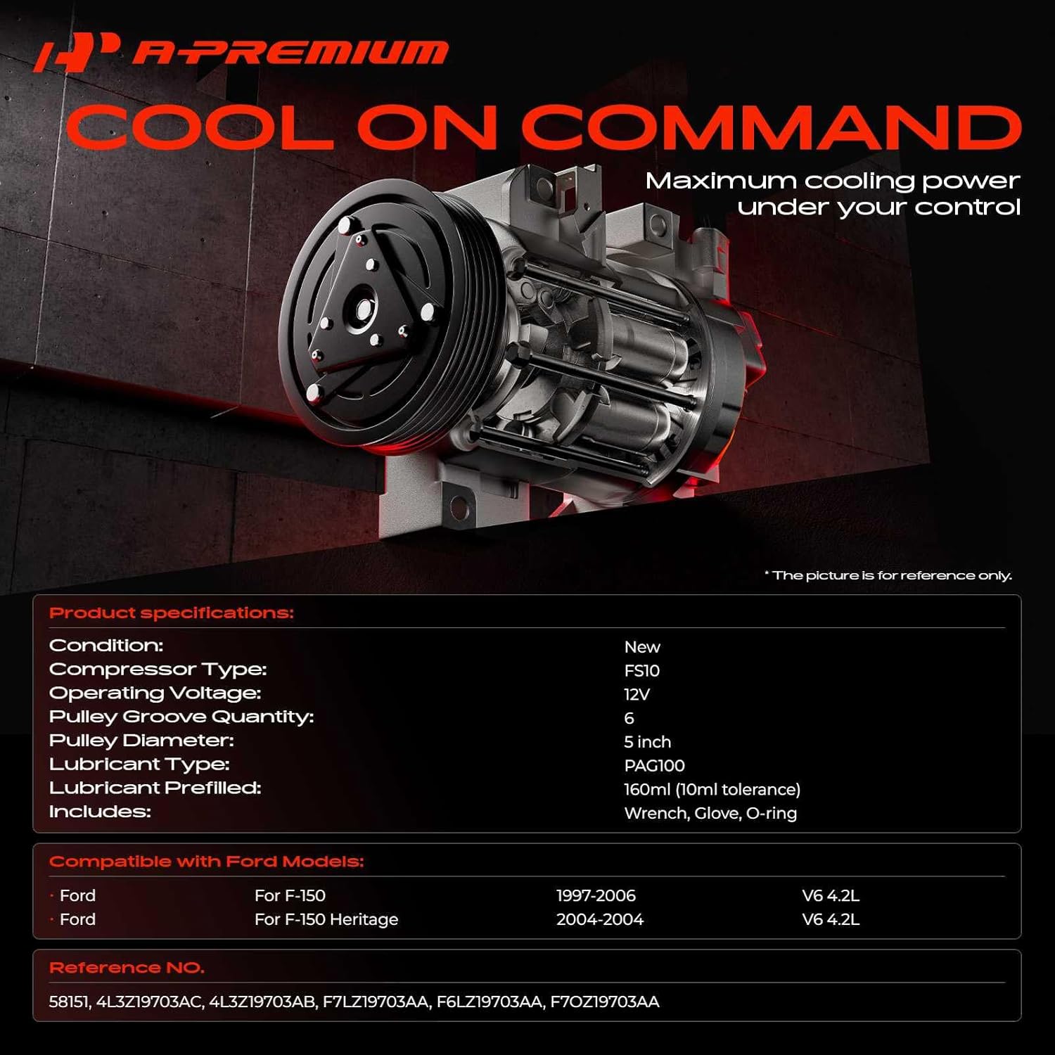 A-Premium Air Conditioner AC Compressor with Clutch Compatible with Ford F-150 4.2L 1997-2006, F-150 Heritage 4.2L 2004