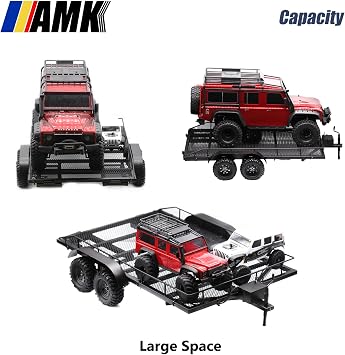 AMK RC Trailer, Metal 1/8 1/10 RC Car Trailer with Installation Manual for Hauling Behind Cars with Truck Hitch and Receiver Crawler Towing Strap Builder Kit for Axial SCX10 90046 TRX4 TRX6 Gen7 Gen8