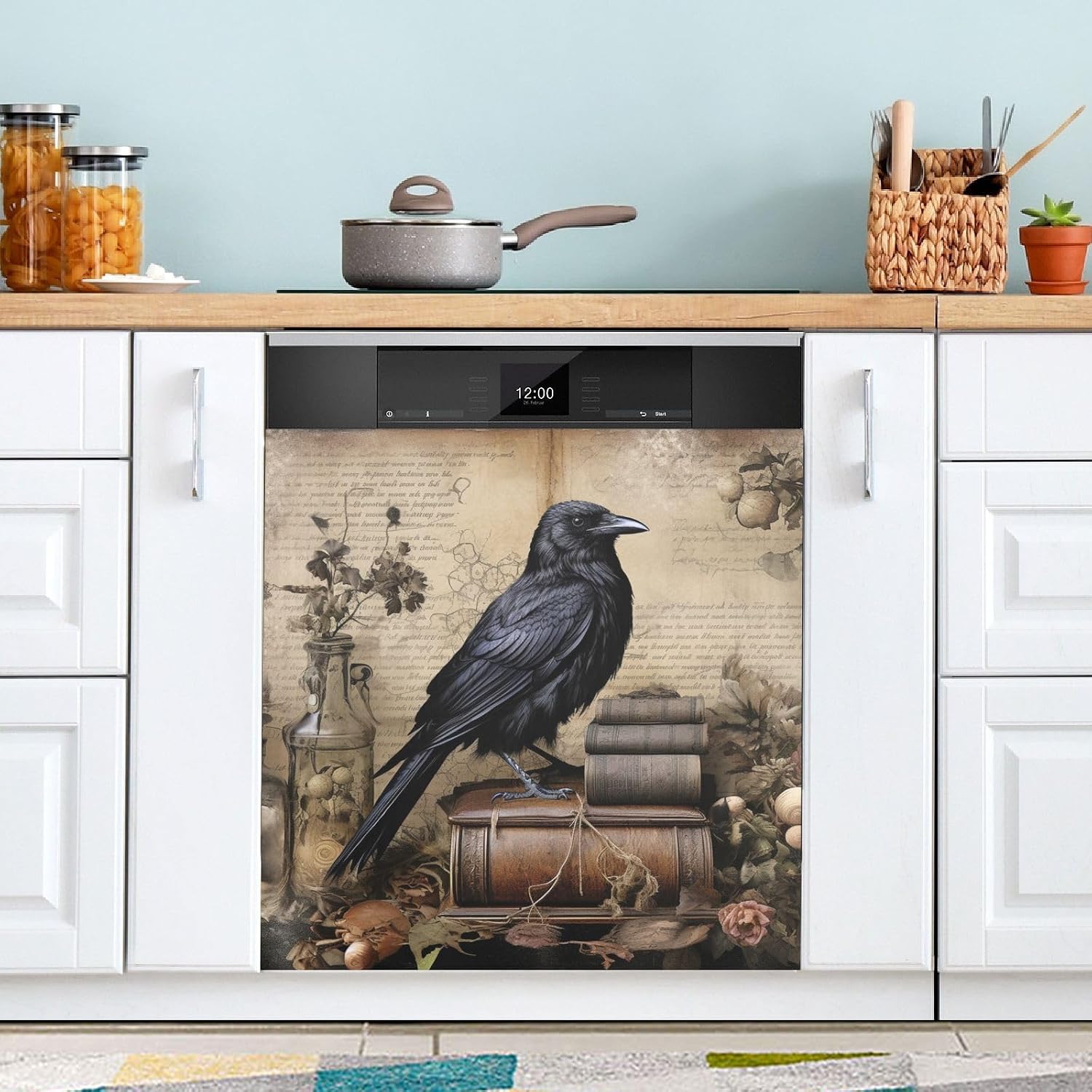 Dishwasher Cover Magnet Gothic Crow Book Picture, Dish Washer Covers for Kitchen Decor, Easily Trimmable Dishwasher Sticker Refrigerator Magnetic Cover 23×26 in