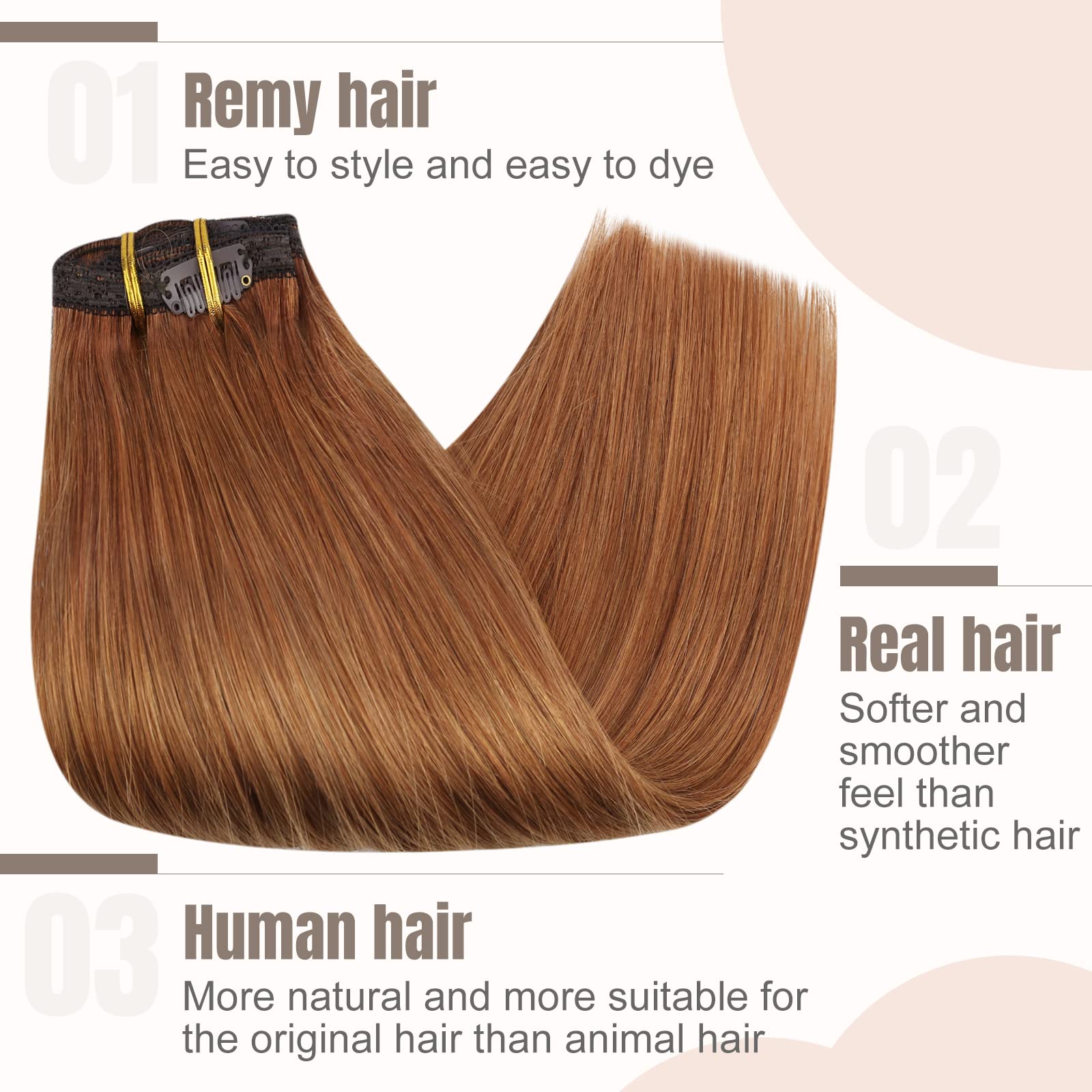 Fshine Extension Clip in Capelli Veri 40CM 120g Extension Lisci Capelli Marrone Rossastro Extension Brasiliano 7 Pezzi Full Head Double Weft Extension Clip in Human Hair Extension #350