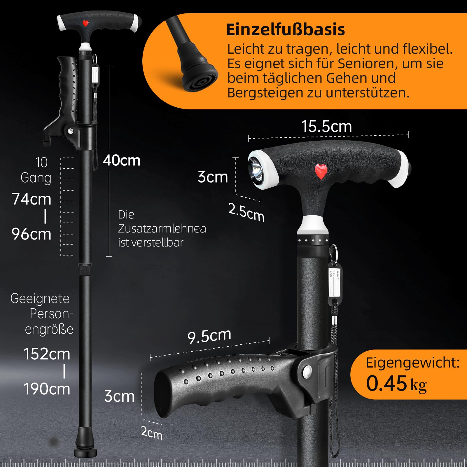 Verstellbarer Gehstock für Herren und Damen Doppelgriff Verstellbarer, Gehstock mit LED-Licht, gehstöcke für senioren und Menschen mit verschiedenen Arten von Arthritis