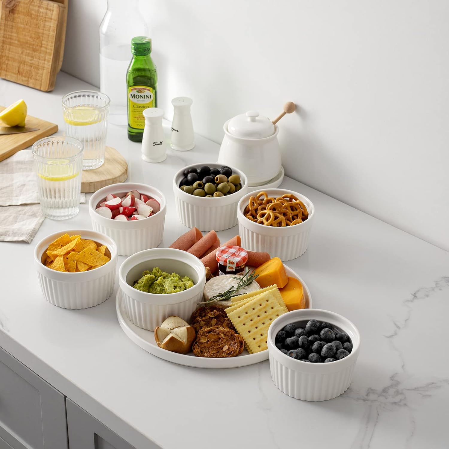 DOWAN Ramekins 8 oz Oven Safe, Dessert Bowls, Small Serving Bowls, Porcelain Square Bowl, Individual Serving Ramekins for Creme Brulee, Sauce, Souffle, Dipping,Set of 6, White