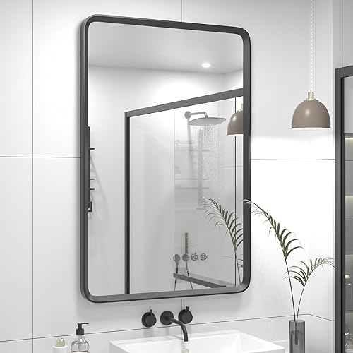 Espejo de baño negro mate de 24 x 36 pulgadas para pared, espejo rectangular redondeado para baño, vidrio templado, antioxidante, inastillable