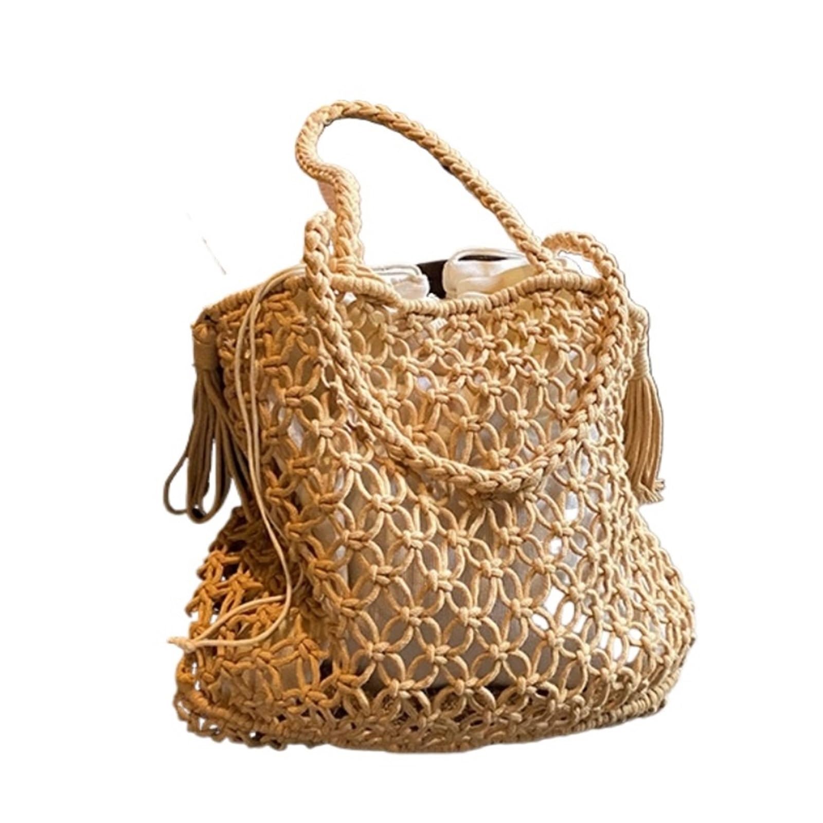 Sommer Stroh Woven Tasche for Frauen Handtaschen Handgemachte Bast Strand Boho Schulter Tasche Große Trage Tasche Quaste Einkaufstasche Bolsas 2023(White,Linen Inner Bag)